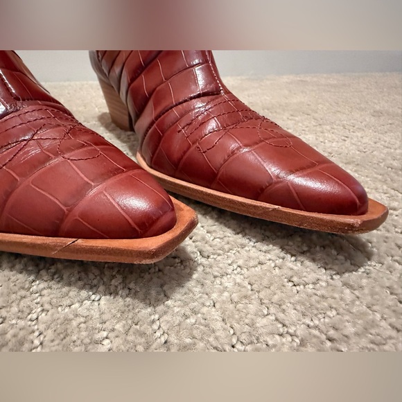 SCHUTZ Briana Burgundy Crocodile Embossed Leather Ankle Boot - Picture 8 of 14
